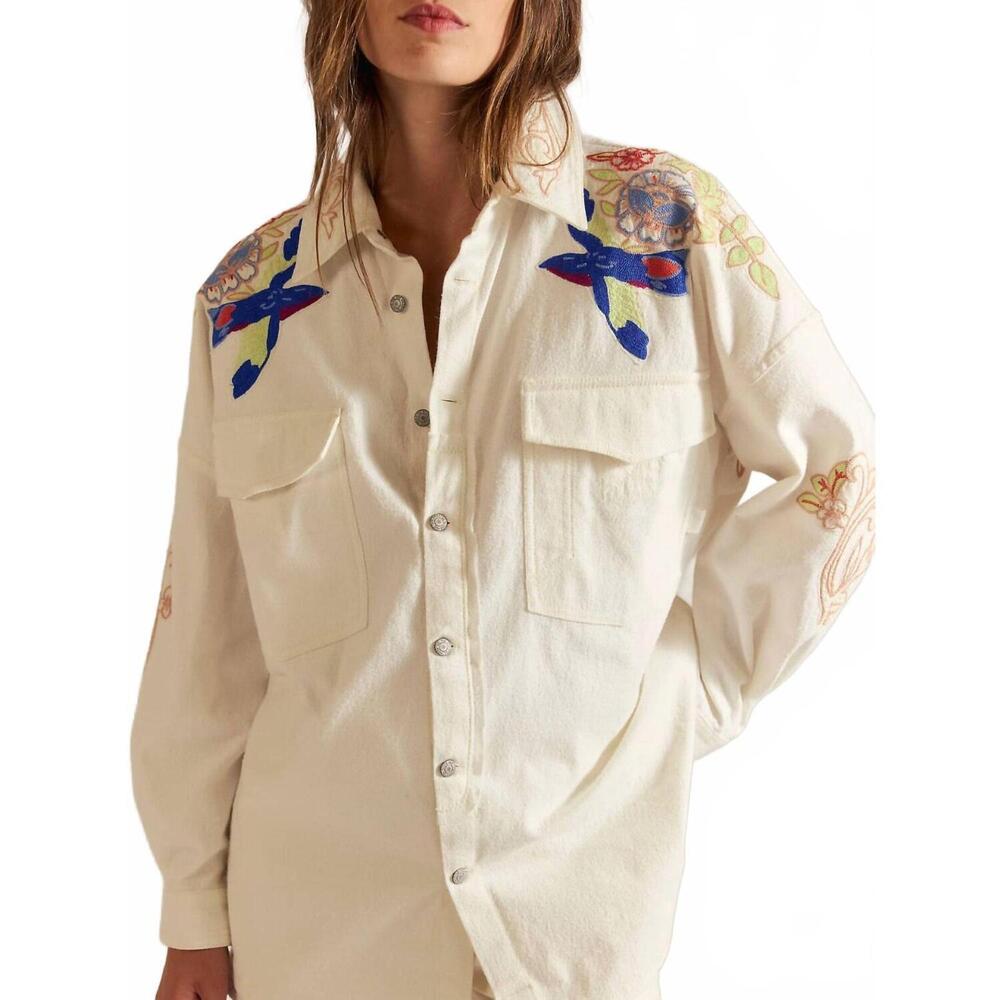 NEW FREE PEOPLE take flight embroidered shirt in snow bell combo